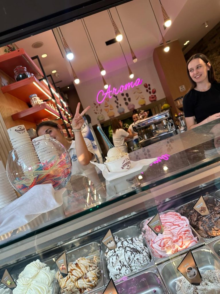 Friendly Albanian girlies at ice cream parlour