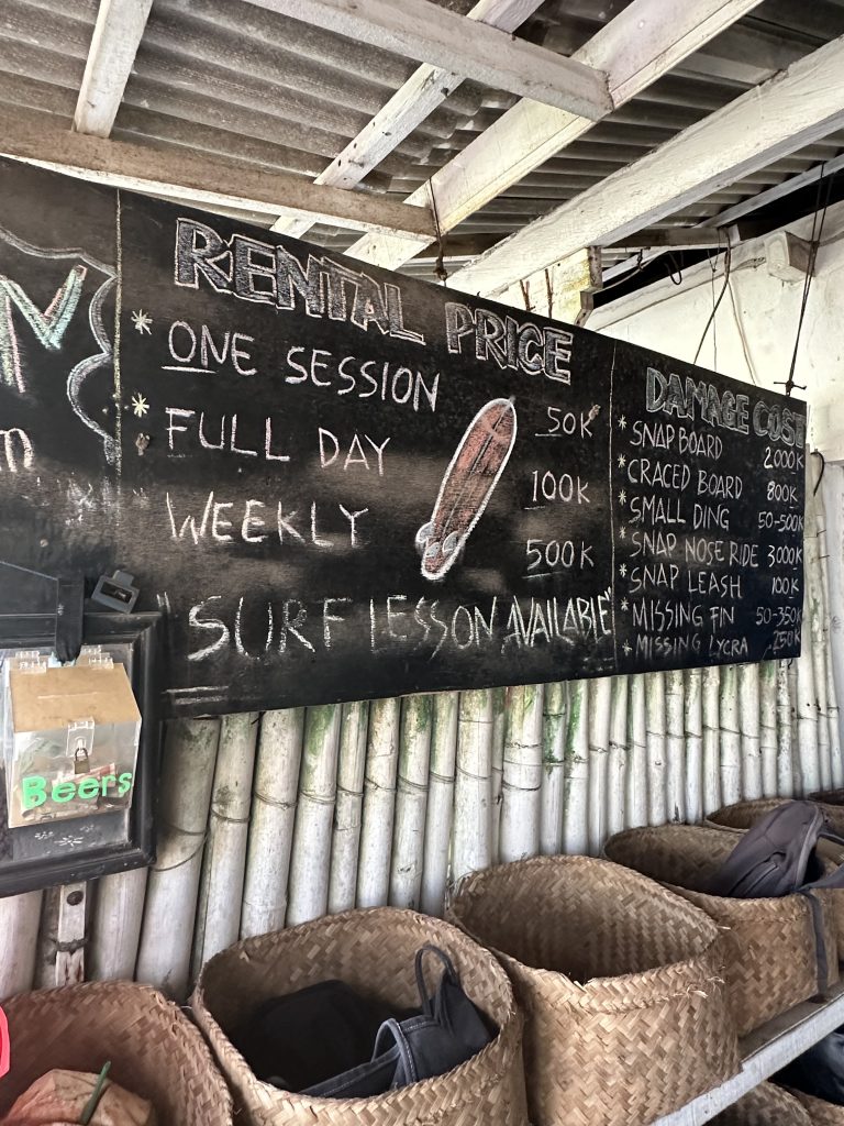 price menu at a surfing shack in Bali