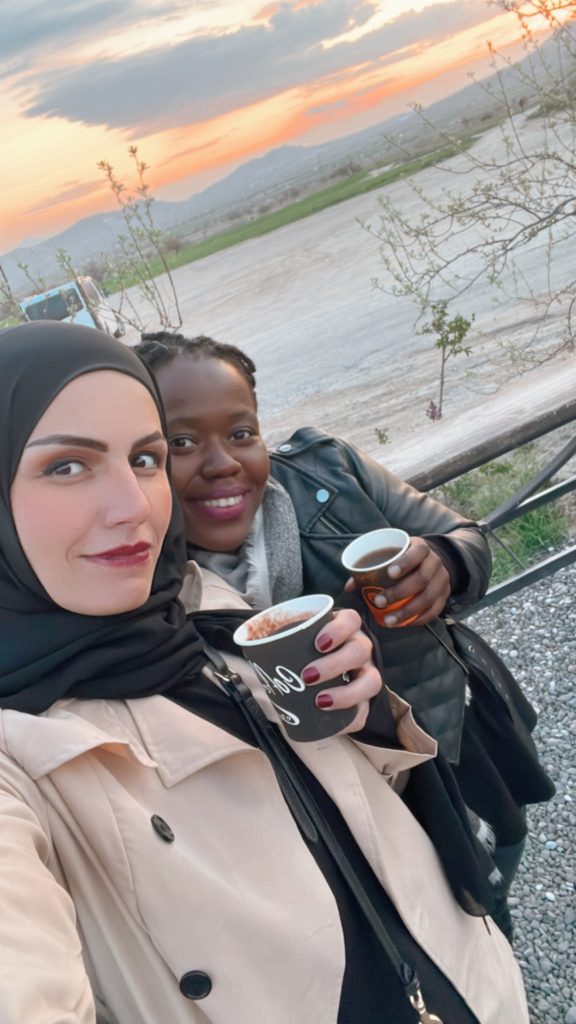 stef barti and other travel girls drinking tea at the love valley in Cappadocia