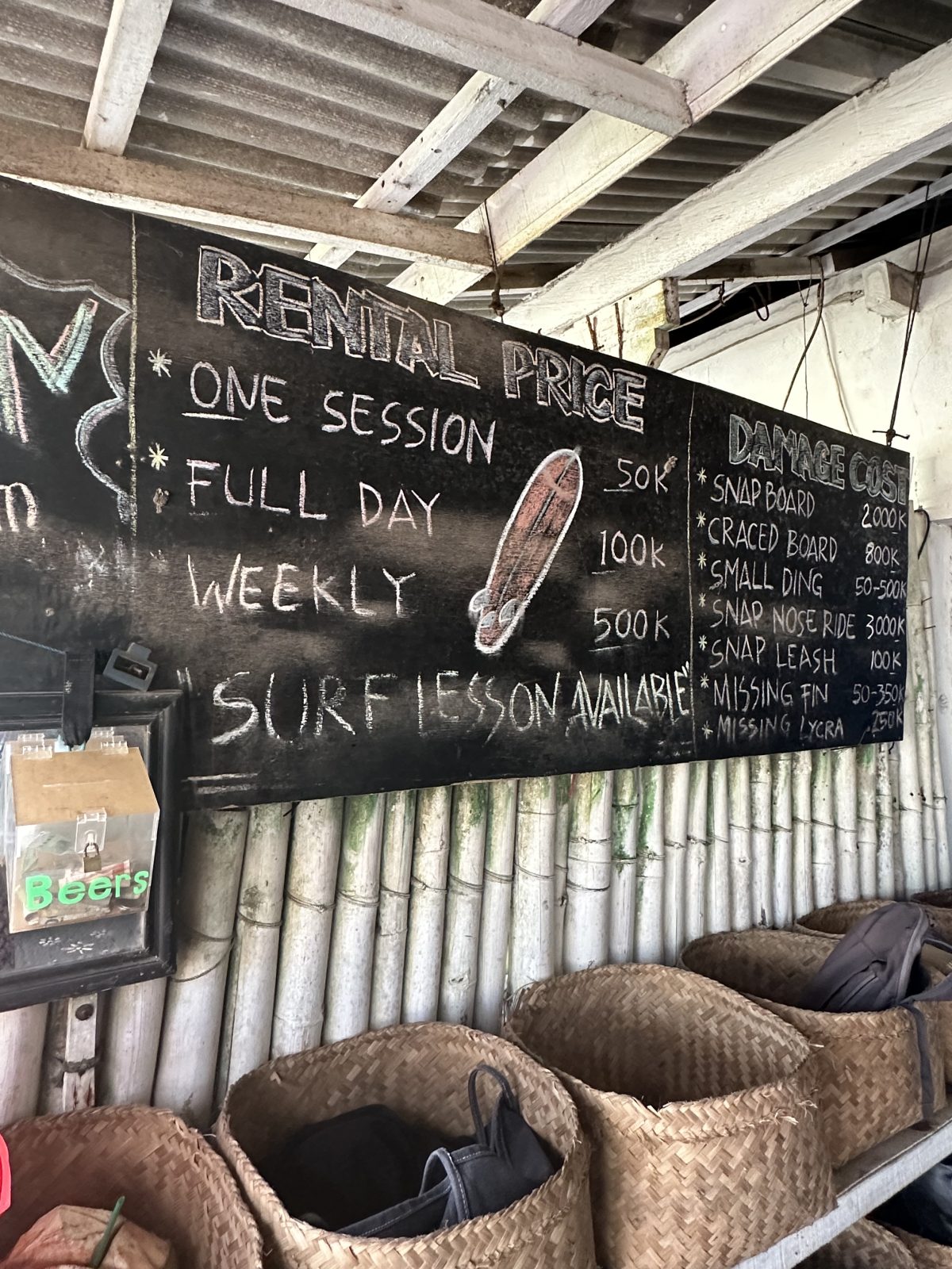 price menu at a surfing shack in Bali