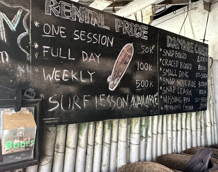 price menu at a surfing shack in Bali